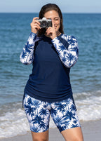 Navy Palm Tree Print High Neck UPF50+ Long Sleeve Drawstring Plus Size Tankini Top