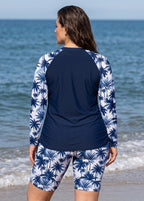 Navy Palm Tree Print High Neck UPF50+ Long Sleeve Drawstring Plus Size Tankini Top