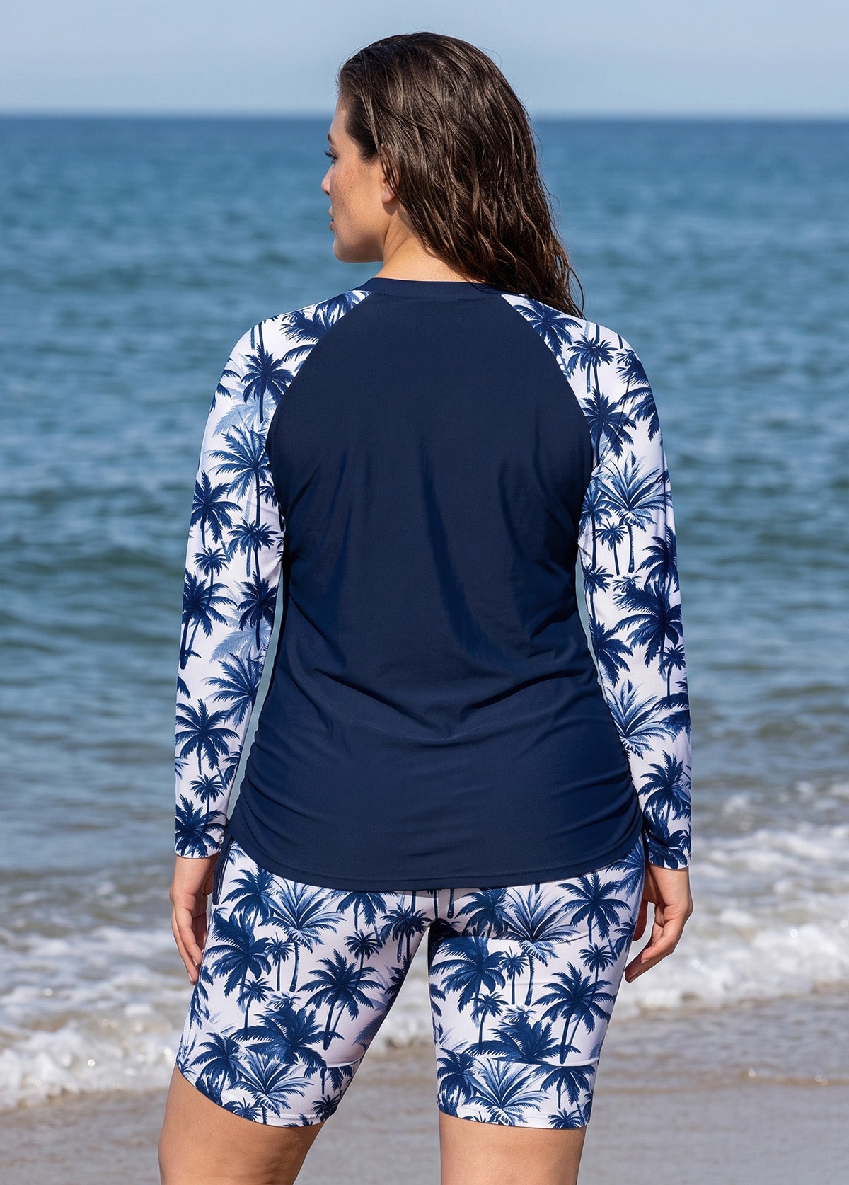 Navy Palm Tree Print High Neck UPF50+ Long Sleeve Drawstring Plus Size Tankini Top