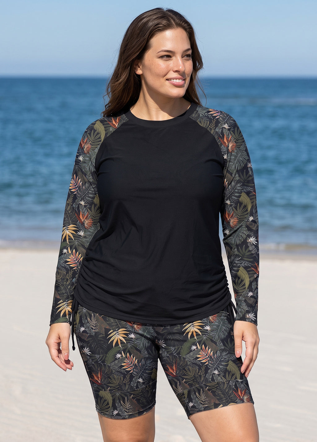 Curvy Black Leaf High Neck UPF50+ Long Sleeves Modest Side Drawstring Tankini Top