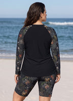 Curvy Black Leaf High Neck UPF50+ Long Sleeves Modest Side Drawstring Tankini Top