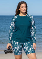 Plus Size Green Floral High Neck UPF50+ Long Sleeves Modest Side Drawstring Swimsuit Tankini Top