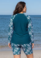 Plus Size Green Floral High Neck UPF50+ Long Sleeves Modest Side Drawstring Swimsuit Tankini Top