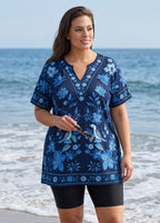 Curvy Navy Vintage Bird Floral V Neck UPF50+ Short Sleeves Modest Women's Tankini Top