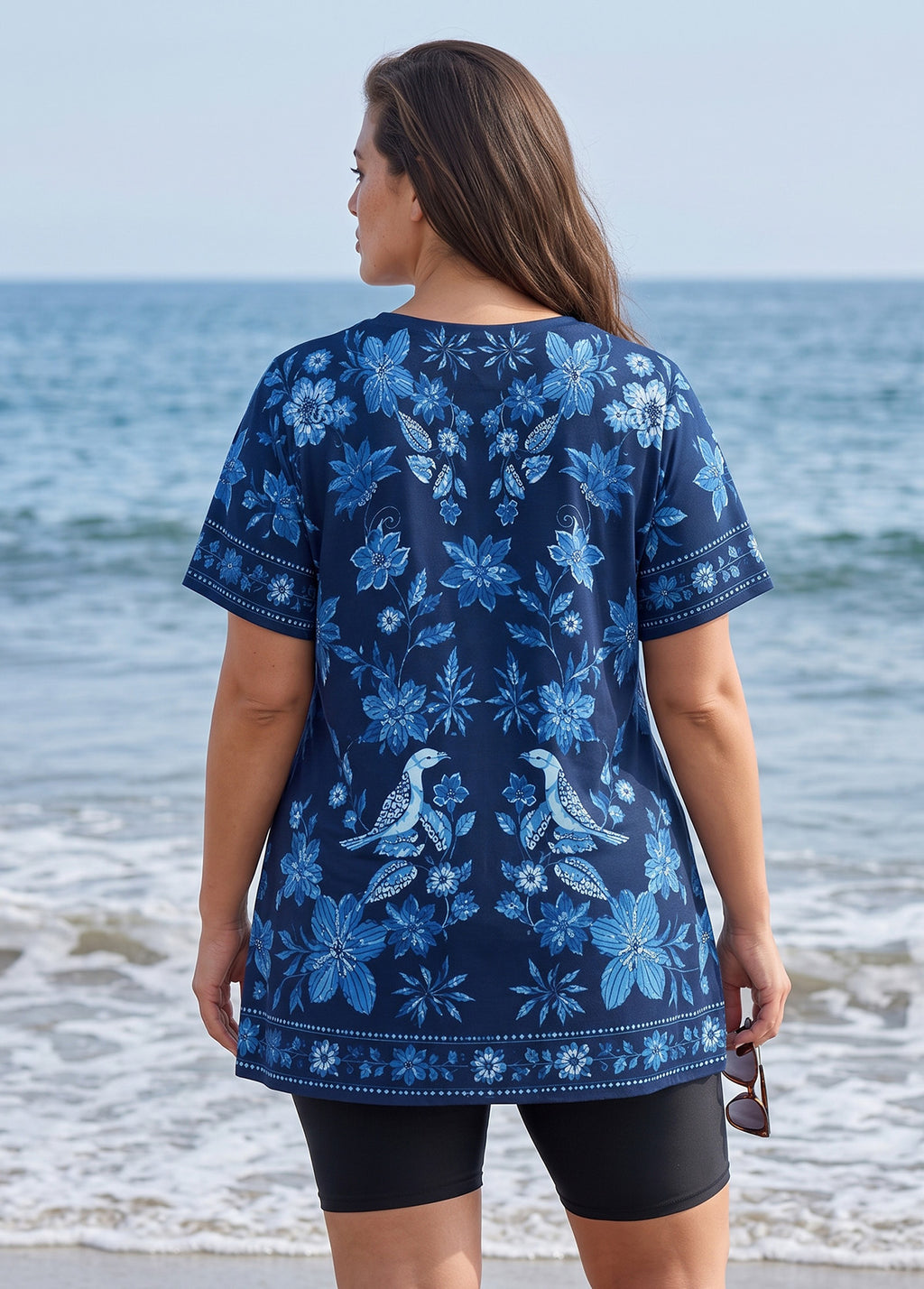 Curvy Navy Vintage Bird Floral V Neck UPF50+ Short Sleeves Modest Women's Tankini Top
