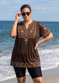 Plus Size Brown Boho Floral V Neck UPF50+ Short Sleeves Vintage Women's Tankini Top