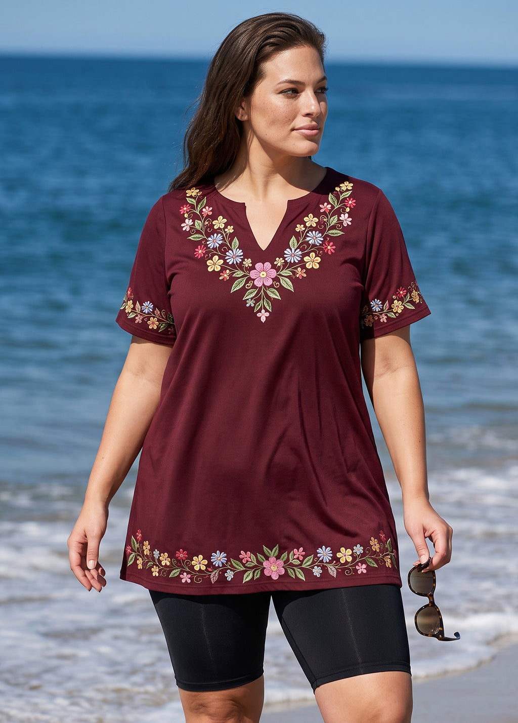 Burgundy Floral Print V Neck UPF50+ Short Sleeves Flattering Curvy Women's Tankini Top