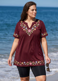 Burgundy Floral Print V Neck UPF50+ Short Sleeves Flattering Curvy Women's Tankini Top