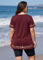 Burgundy Floral Print V Neck UPF50+ Short Sleeves Flattering Curvy Women's Tankini Top