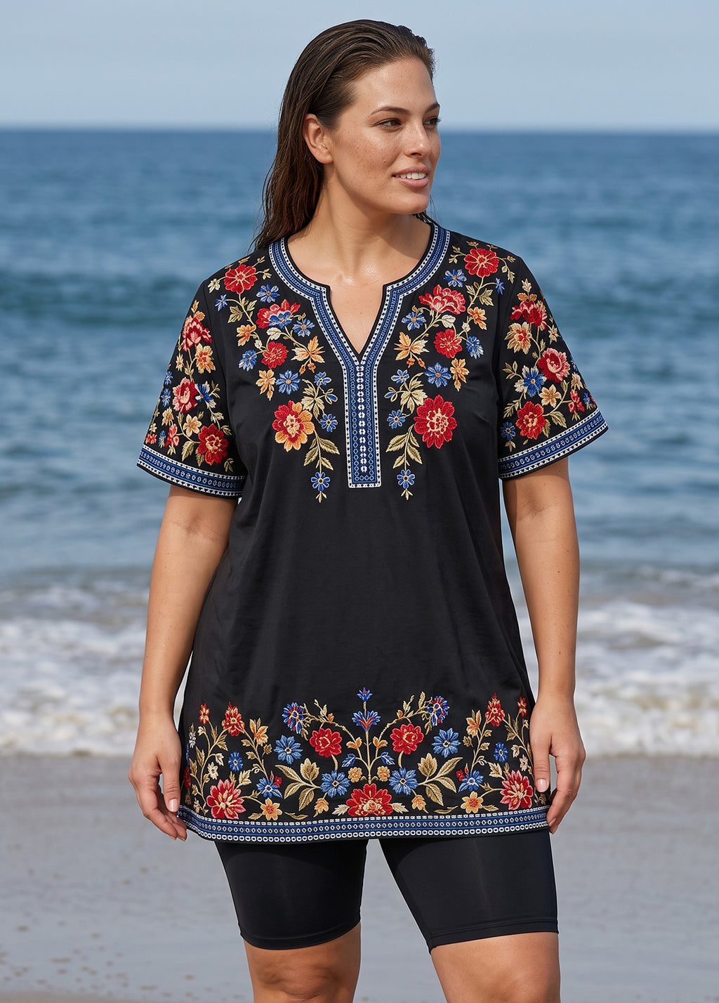 Black Floral V Neck UPF50+ Short Sleeves Modest Flattering Plus Size Women's Tankini Top