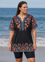 Black Floral V Neck UPF50+ Short Sleeves Modest Flattering Plus Size Women's Tankini Top