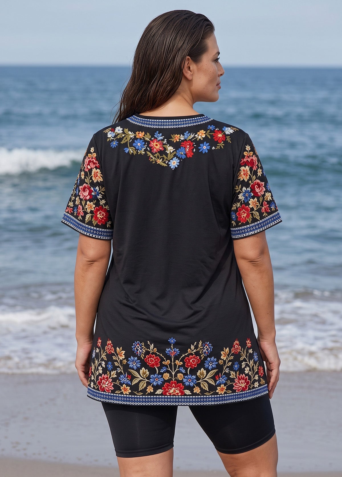 Black Floral V Neck UPF50+ Short Sleeves Modest Flattering Plus Size Women's Tankini Top