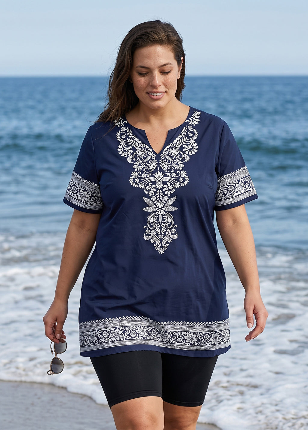 Curvy Navy Floral Print V Neck UPF50+ Short Sleeves Modest Flattering Women's Tankini Top