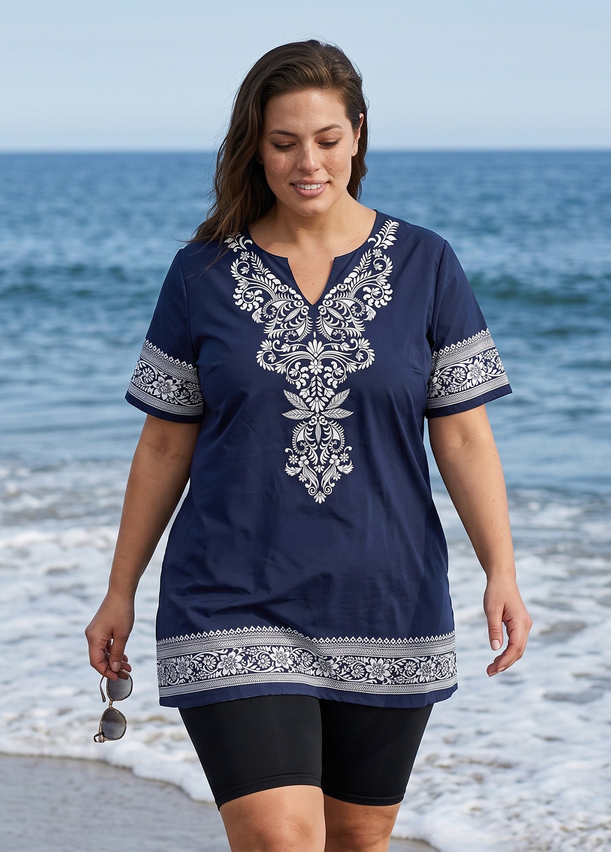 Curvy Navy Floral Print V Neck UPF50+ Short Sleeves Modest Flattering Women's Tankini Top