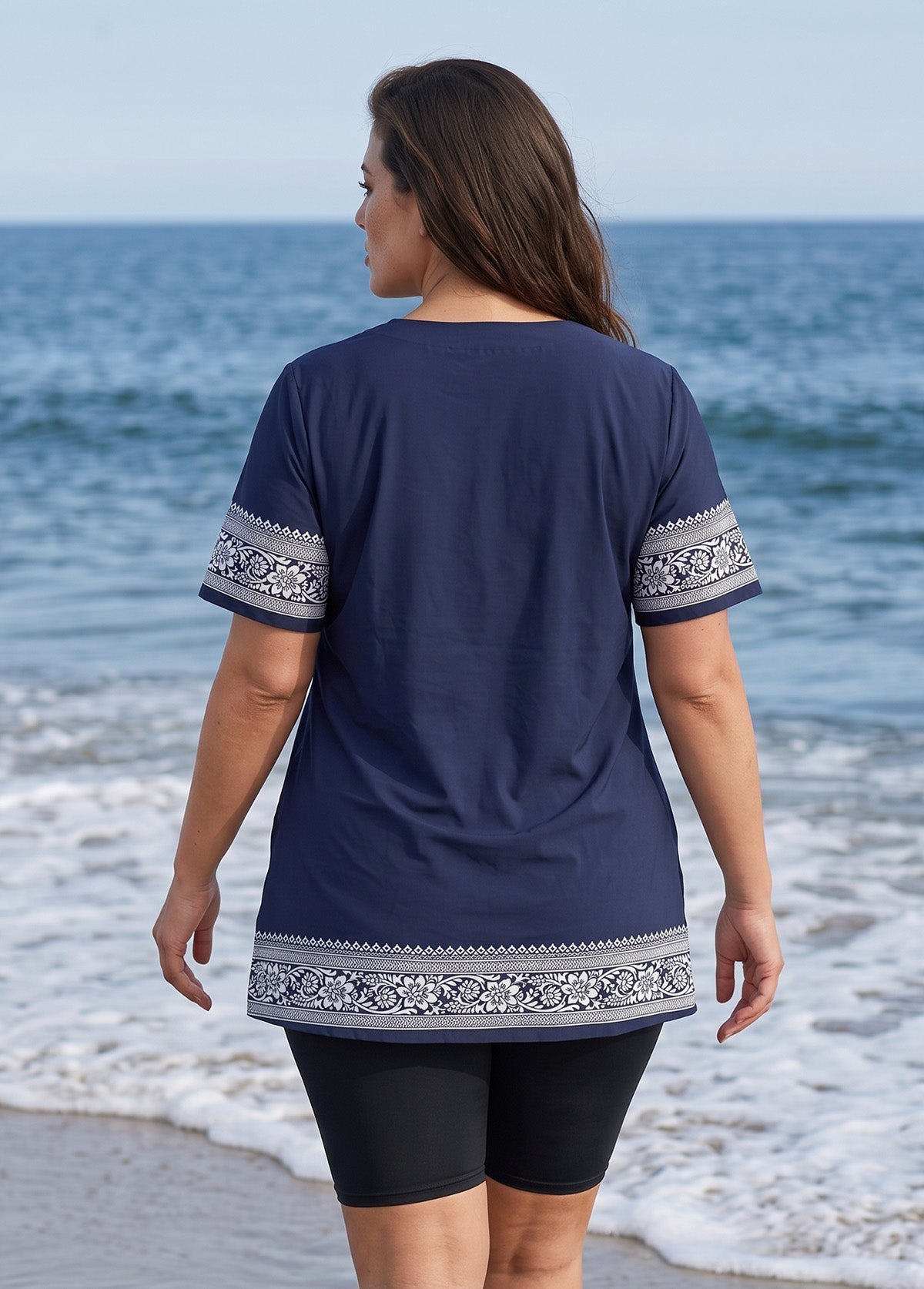 Curvy Navy Floral Print V Neck UPF50+ Short Sleeves Modest Flattering Women's Tankini Top