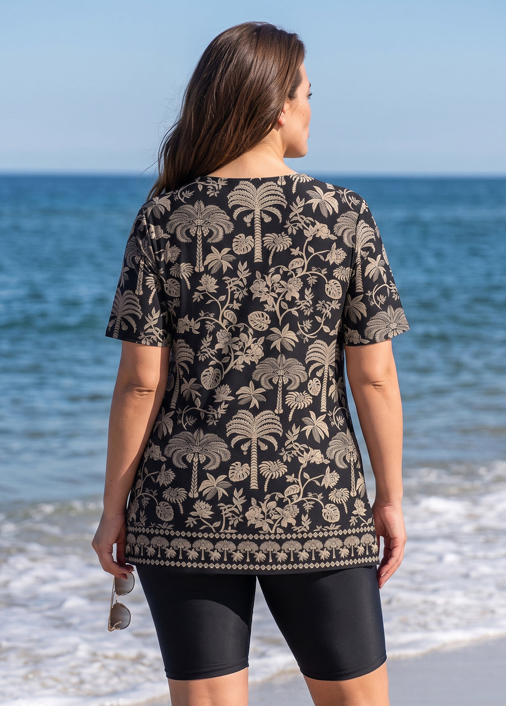 Plus Size Black Tropical Palm Print V Neck UPF50+ Short Sleeves Flattering Women's Tankini Top
