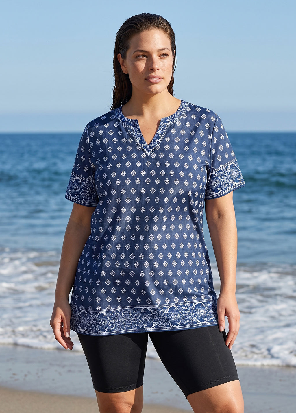 Blue Geometric Pattern V Neck UPF50+ Short Sleeves Flattering Curvy Women's Tankini Top