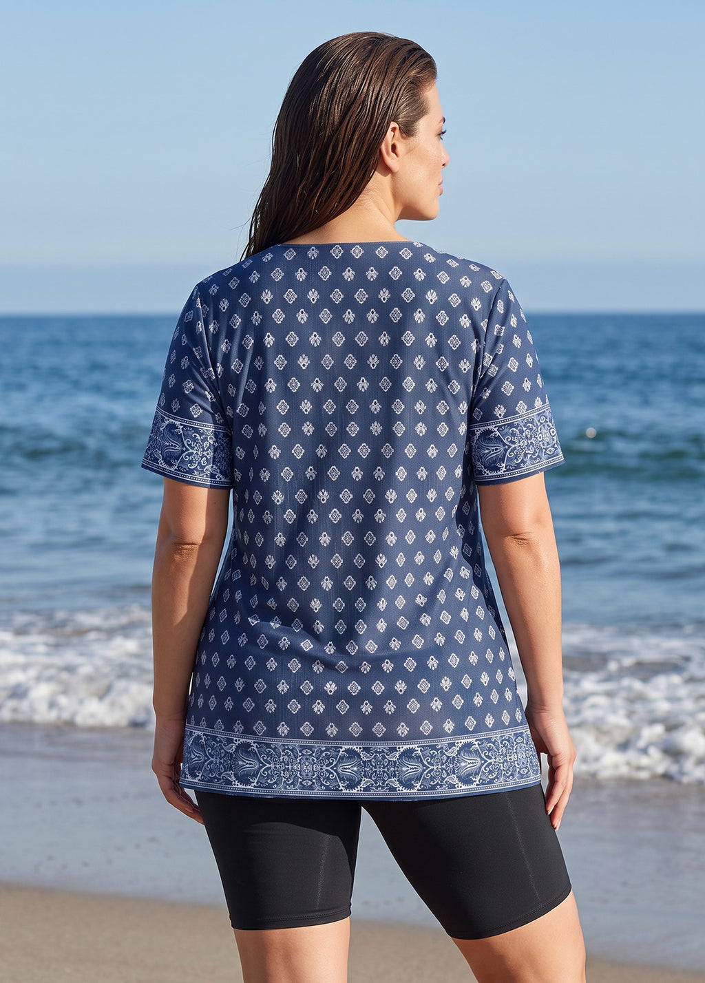 Blue Geometric Pattern V Neck UPF50+ Short Sleeves Flattering Curvy Women's Tankini Top