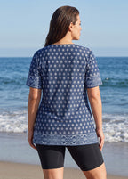 Blue Geometric Pattern V Neck UPF50+ Short Sleeves Flattering Curvy Women's Tankini Top