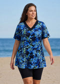 Blue Floral Print V Neck UPF50+ Short Sleeves Vintage Curvy Women's Swimsuit Tankini Top