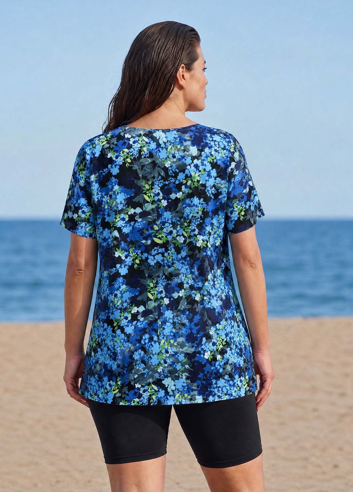 Blue Floral Print V Neck UPF50+ Short Sleeves Vintage Curvy Women's Swimsuit Tankini Top