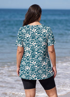 Plus Size Green Leaf Print V Neck UPF50+ Short Sleeves Modest Women's Swimsuit Tankini Top