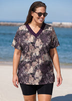 Curvy Purple Floral Print V Neck UPF50+ Short Sleeves Modest Women's Swimsuit Tankini Top