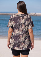 Curvy Purple Floral Print V Neck UPF50+ Short Sleeves Modest Women's Swimsuit Tankini Top