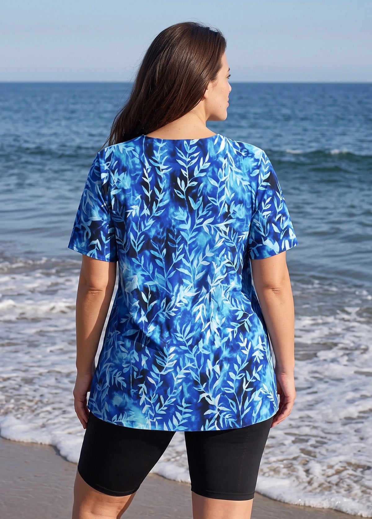 Blue Leaf V Neck UPF50+ Short Sleeves Vintage Plus Size Women's Swimsuit Tankini Top