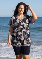 Black Tropical Palm Print V Neck UPF50+ Short Sleeves Modest Plus Size Women's Tankini Top