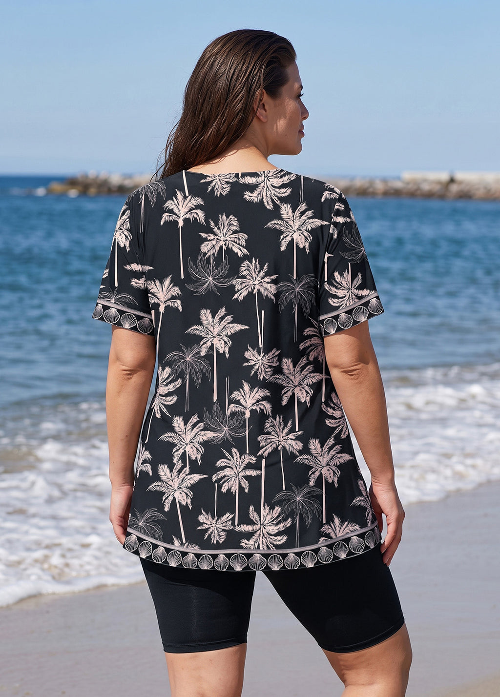 Black Tropical Palm Print V Neck UPF50+ Short Sleeves Modest Plus Size Women's Tankini Top