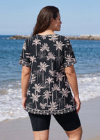 Black Tropical Palm Print V Neck UPF50+ Short Sleeves Modest Plus Size Women's Tankini Top
