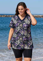 Black Floral Print V Neck UPF50+ Short Sleeve Vintage Curvy Women's Swimsuit Tankini Top