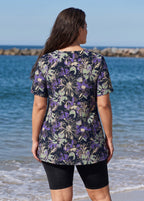 Black Floral Print V Neck UPF50+ Short Sleeve Vintage Curvy Women's Swimsuit Tankini Top
