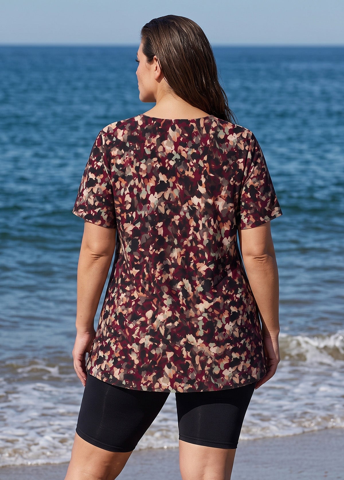 Plum Watercolor Print V Neck UPF50+ Short Sleeve Flattering Plus Size Tankini Top