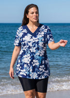 Curvy Navy Floral Print V Neck UPF50+ Short Sleeve Flattering Swimsuit Tankini Top