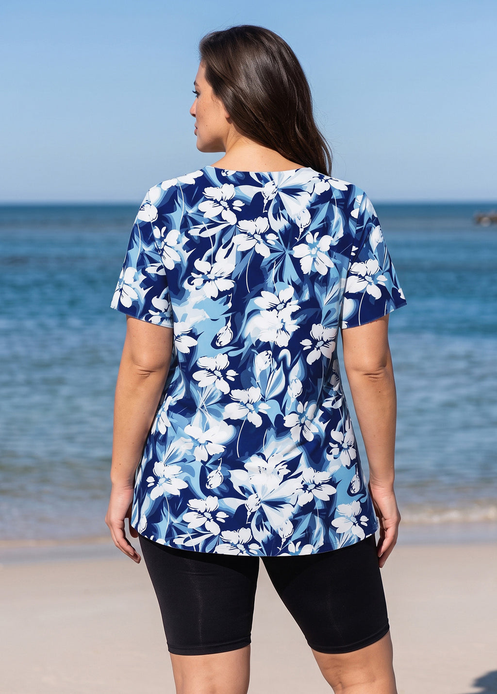 Curvy Navy Floral Print V Neck UPF50+ Short Sleeve Flattering Swimsuit Tankini Top