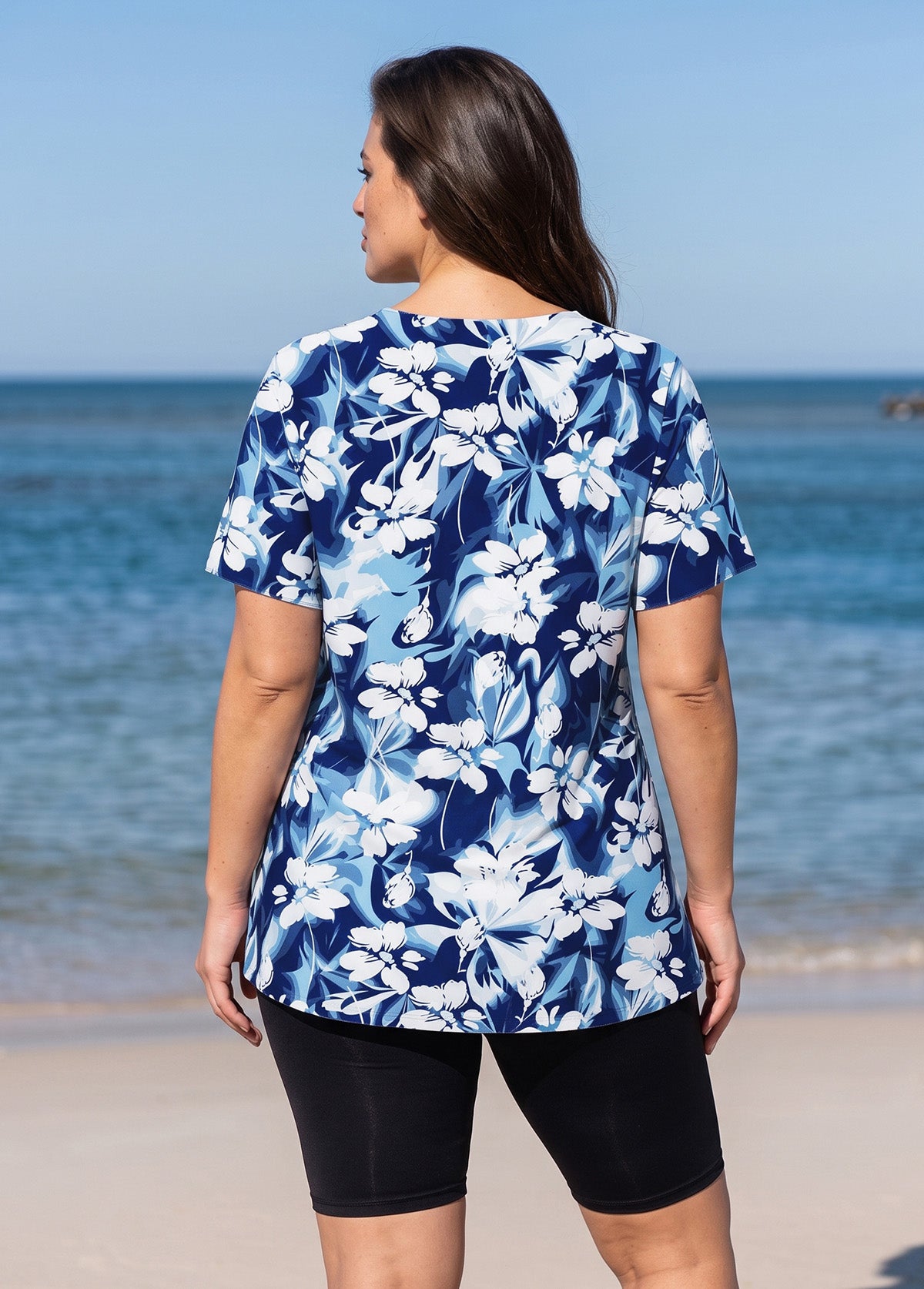 Curvy Navy Floral Print V Neck UPF50+ Short Sleeve Flattering Swimsuit Tankini Top