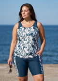 Navy Floral Print Scoop Neck Sleeveless Modest Curvy Women's Swimsuit Tankini Set