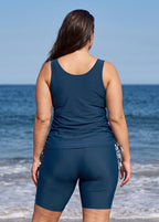 Navy Floral Print Scoop Neck Sleeveless Modest Curvy Women's Swimsuit Tankini Set