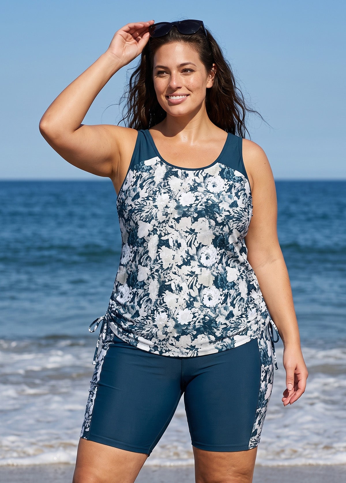 Navy Floral Print Scoop Neck Sleeveless Modest Curvy Women's Swimsuit Tankini Set