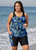 Plus Size Blue Floral Print Scoop Neck Sleeveless Vintage Women's Swimsuit Tankini Set