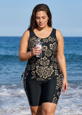 Plus Size Black Floral Print Scoop Neck Sleeveless Side Drawstring Pocketed Tankini Set
