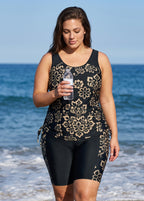 Plus Size Black Floral Print Scoop Neck Sleeveless Side Drawstring Pocketed Tankini Set