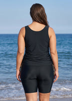 Plus Size Black Floral Print Scoop Neck Sleeveless Side Drawstring Pocketed Tankini Set