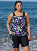 Black Floral Print Scoop Neck Sleeveless Modest Side Drawstring Pocketed Curvy Tankini Set