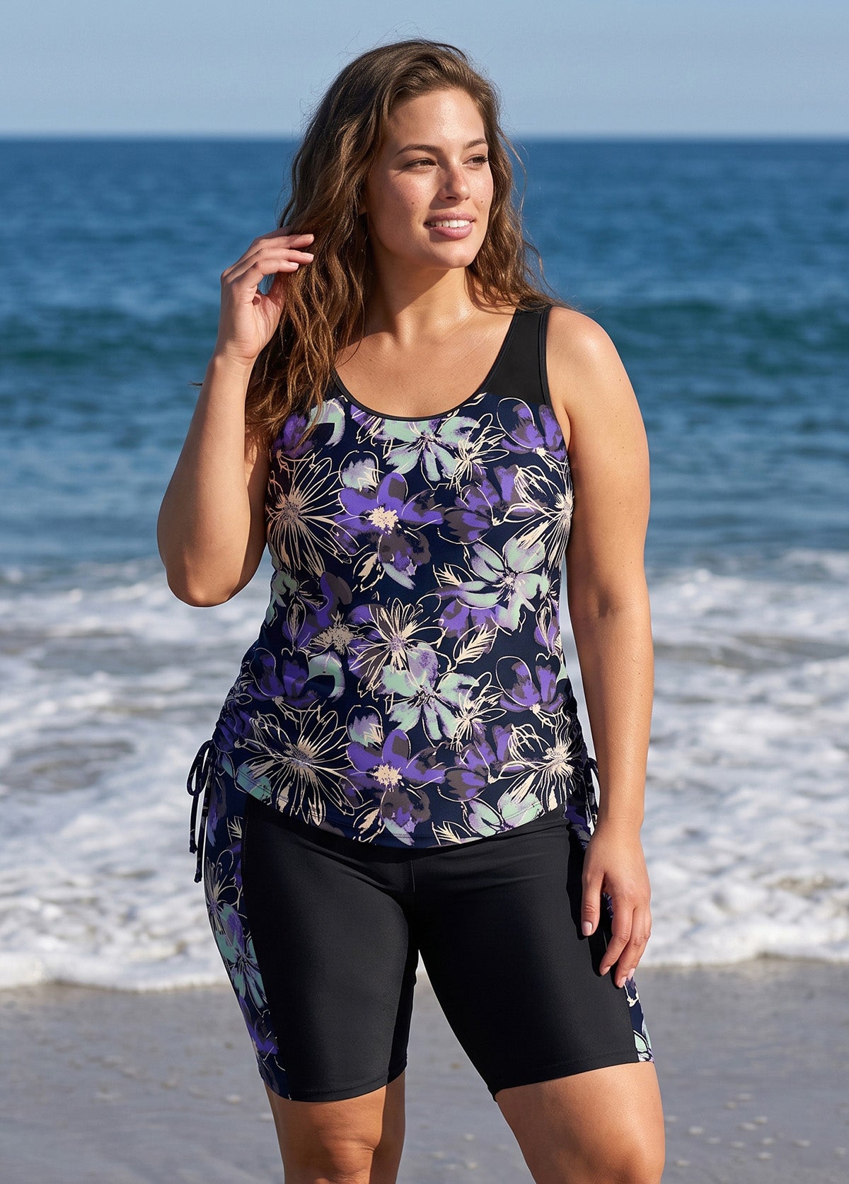 Black Floral Print Scoop Neck Sleeveless Modest Side Drawstring Pocketed Curvy Tankini Set