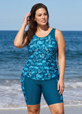 Blue Leaf Tropical Print Scoop Neck Sleeveless Side Drawstring Pocketed Plus Size Tankini Set
