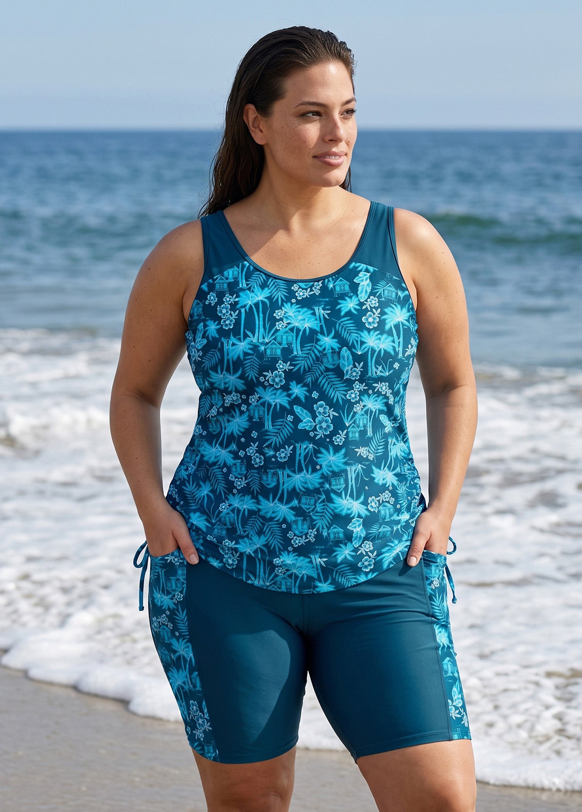 Blue Leaf Tropical Print Scoop Neck Sleeveless Side Drawstring Pocketed Plus Size Tankini Set
