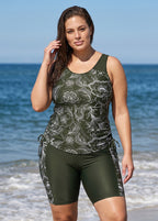 Curvy Green Floral Scoop Neck Sleeveless Modest Side Drawstring Pocketed Tankini Set